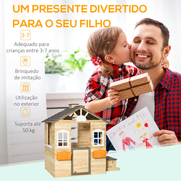 Casa de Jardim de Madeira Casa de Madeira de Exterior para Crianças de 3-7 Anos com Janelas 2 Floreiras e 1 Banco 113x94x134,5 cm Madeira