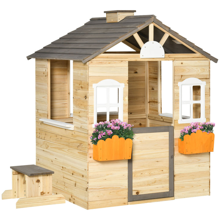 Casa de Jardim de Madeira Casa de Madeira de Exterior para Crianças de 3-7 Anos com Janelas 2 Floreiras e 1 Banco 113x94x134,5 cm Madeira