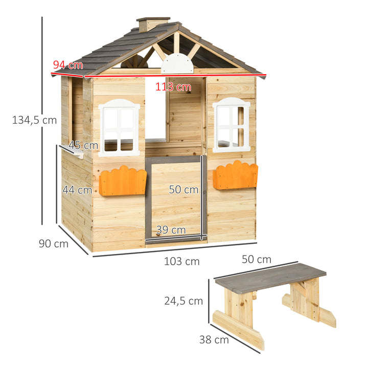 Casa de Jardim de Madeira Casa de Madeira de Exterior para Crianças de 3-7 Anos com Janelas 2 Floreiras e 1 Banco 113x94x134,5 cm Madeira