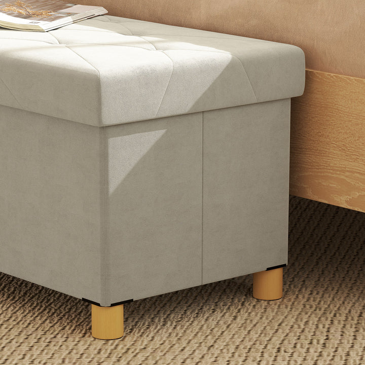 Banco de Armazenamento Dobrável Puff de Armazenamento Capacidade de 67 L Estofado em Veludo Baú de Armazenamento Quarto Carga 120 kg para Sala de Estar Entrada 76x38x38 cm Creme