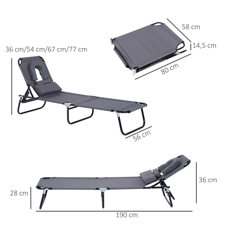Espreguiçadeira Dobrável com Encosto Ajustável em 4 Posições Espreguiçadeira de Jardim com Almofada Estrutura de Aço Tecido Oxford para Acampamento Praia Terraço 190x56x28cm Cinza