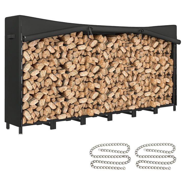 Suporte de Lenha Metálico 235x31x116 cm para Exterior com Capa Impermeável Oxford 600D Estrutura de Aço e Correntes de Aço Suporte para Lenha Armazenamento para Madeira Preto