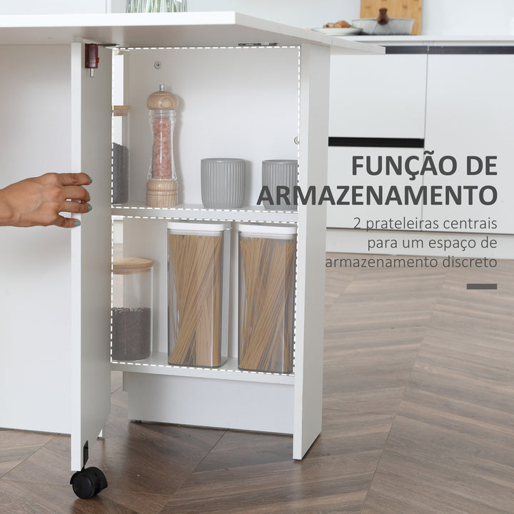 Mesa de cozinha Dobrável de Madeira com Rodinhas 140 x 80 x 74 cm Branca