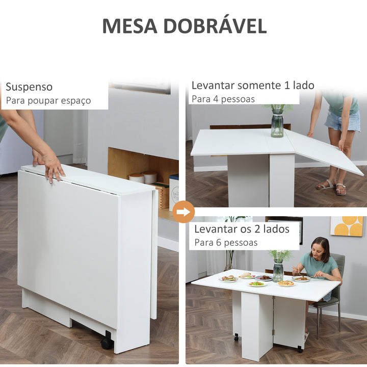 Mesa de cozinha Dobrável de Madeira com Rodinhas 140 x 80 x 74 cm Branca