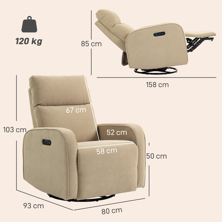Poltrona Relax Reclinável Elétrica com Motor Duplo, Poltrona de Chenille Giratória e de Balanço com Apoio de Cabeça Ajustável, Portas USB e USB-C, Apoio para os Pés, Botões Iluminados, Bege