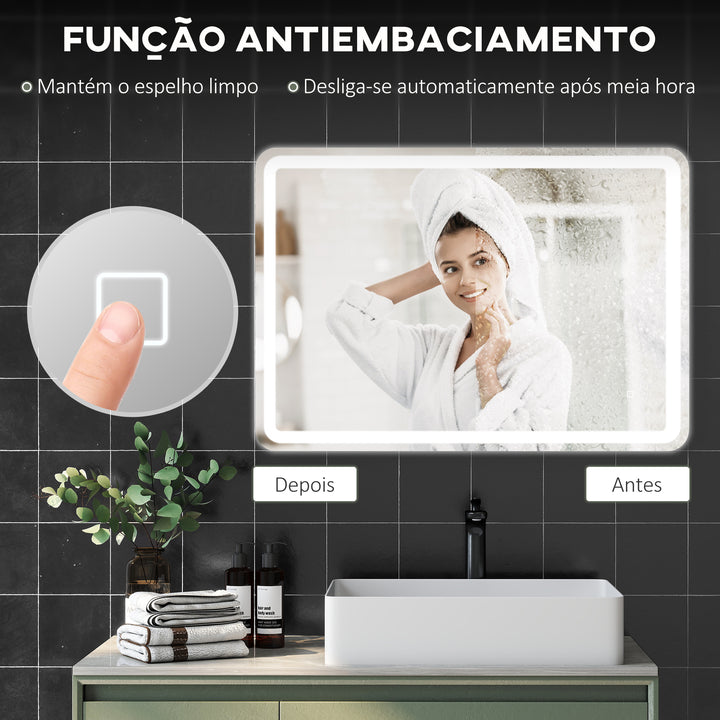 Espelho Casa de banho com Luzes LED 70x100 cm Espelho de Parede Antiembaciamento com 3 Temperaturas de Cor Ajustável e Função de Memória Horizontal e Vertical Prata