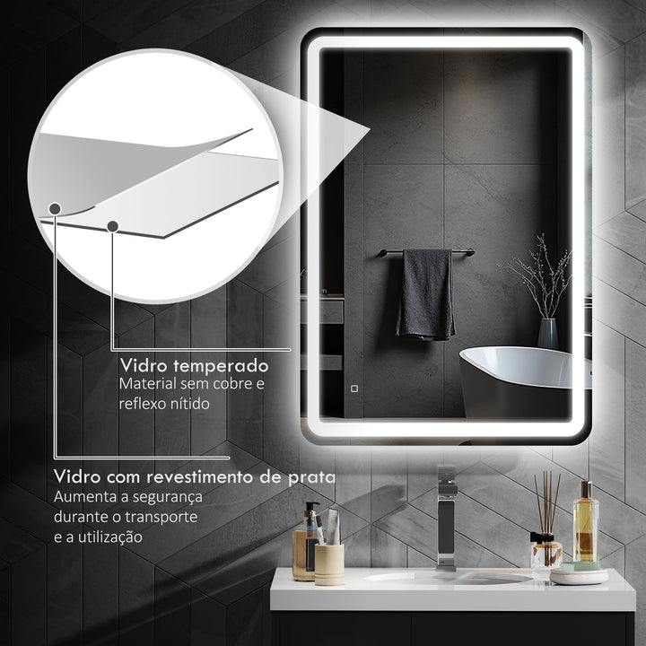 Espelho Casa de banho com Luzes LED 70x100 cm Espelho de Parede Antiembaciamento com 3 Temperaturas de Cor Ajustável e Função de Memória Horizontal e Vertical Prata