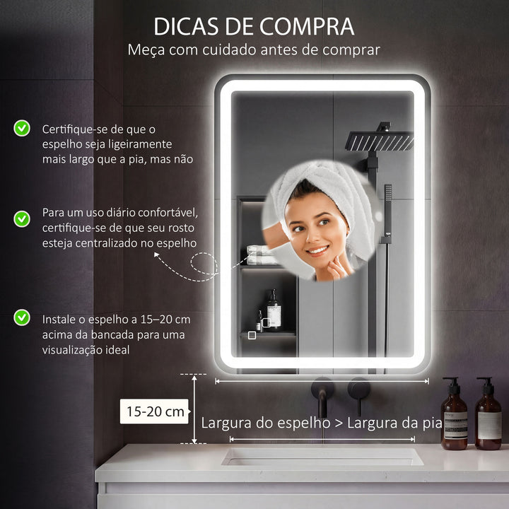 Espelho Casa de banho com Luzes LED 70x100 cm Espelho de Parede Antiembaciamento com 3 Temperaturas de Cor Ajustável e Função de Memória Horizontal e Vertical Prata