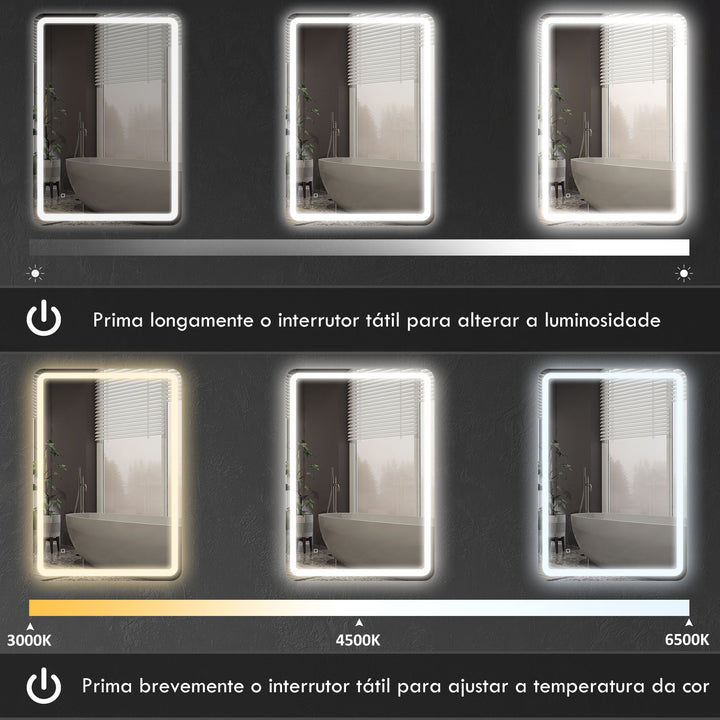 Espelho Casa de banho com Luzes LED 70x100 cm Espelho de Parede Antiembaciamento com 3 Temperaturas de Cor Ajustável e Função de Memória Horizontal e Vertical Prata
