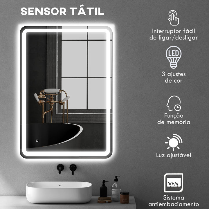 Espelho Casa de banho com Luzes LED 70x100 cm Espelho de Parede Antiembaciamento com 3 Temperaturas de Cor Ajustável e Função de Memória Horizontal e Vertical Prata