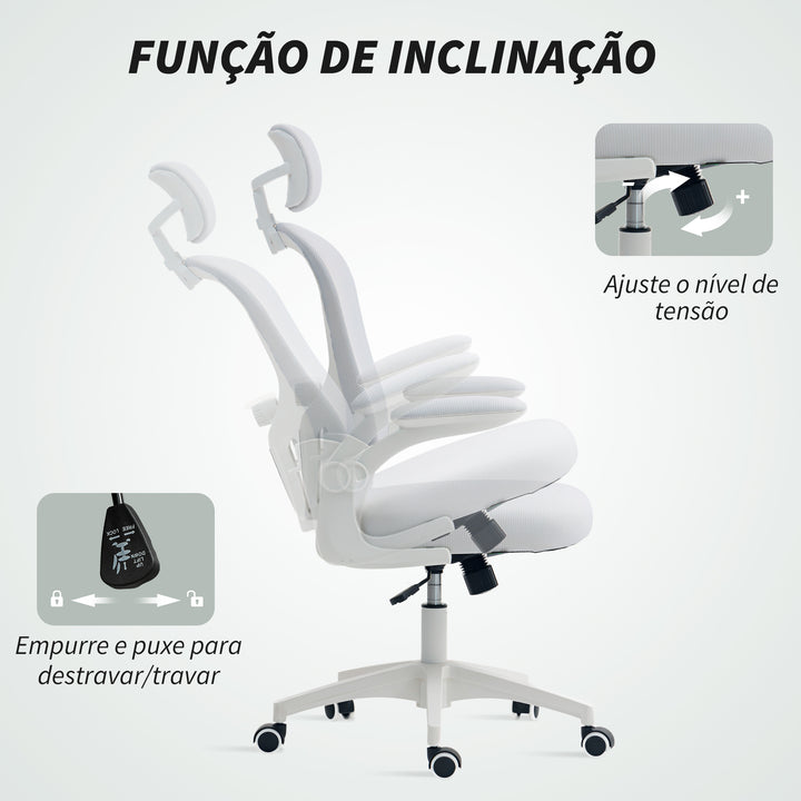 Cadeira de Escritório em Malha, Cadeira Giratória com Função de Inclinação Encosto Alto Apoio de Cabeça Ajustável Suporte Lombar 4D Braços Dobráveis Altura Ajustável Branco