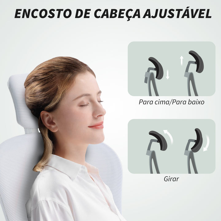 Cadeira de Escritório em Malha, Cadeira Giratória com Função de Inclinação Encosto Alto Apoio de Cabeça Ajustável Suporte Lombar 4D Braços Dobráveis Altura Ajustável Branco
