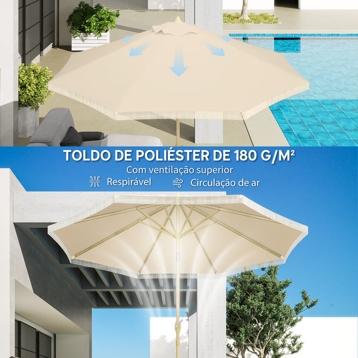 Chapéu de Sol Exterior Ø265x244 cm Chapéu de Sol de Jardim com Ângulo Ajustável Manivela Franjas de Estilo Boho Impermeável Chapéu de Sol para Pátio Terraço Creme
