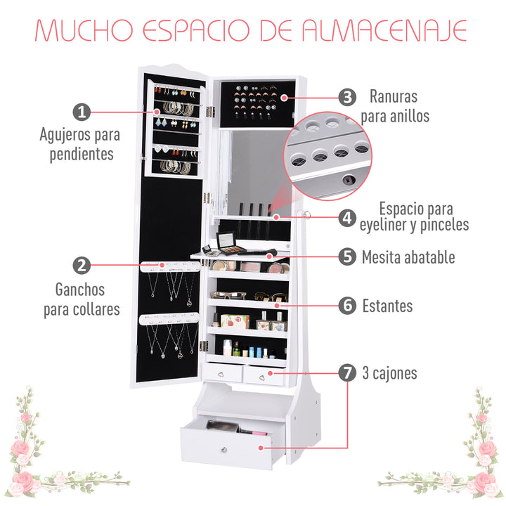 Espelho de joalheiro Armário de joias de pé com luzes LED Gavetas de bloqueio Espelho e dobradiça interior para comédicos 45x36x150cm