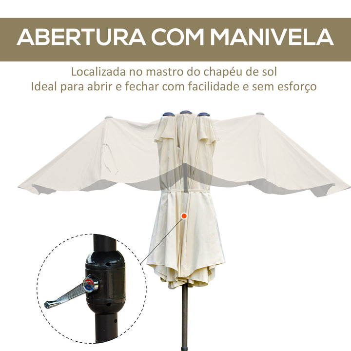 Chapéu de Sol Duplo 4,55x2,65x2,38 m Chapéu de Sol de Jardim com Manivela Manual Resistente à Água e com Proteção Solar UV para Terraço Pátio Creme