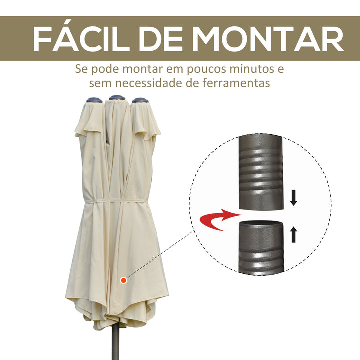 Chapéu de Sol Duplo 4,55x2,65x2,38 m Chapéu de Sol de Jardim com Manivela Manual Resistente à Água e com Proteção Solar UV para Terraço Pátio Creme