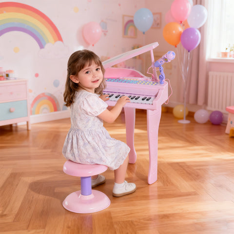 Piano infantil 37 Teclas com Microfone Banquinho Luzes e 22 Canções USB/MP3