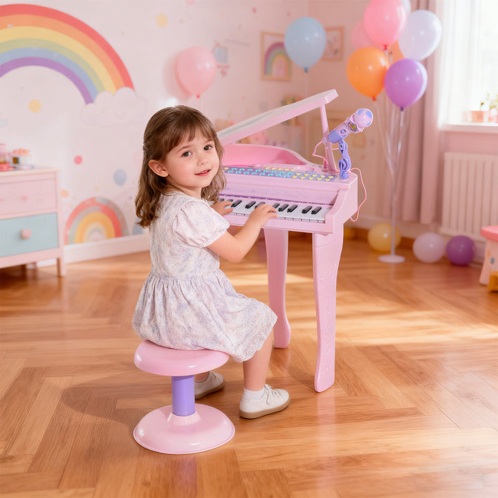 Piano infantil 37 Teclas com Microfone Banquinho Luzes e 22 Canções USB/MP3