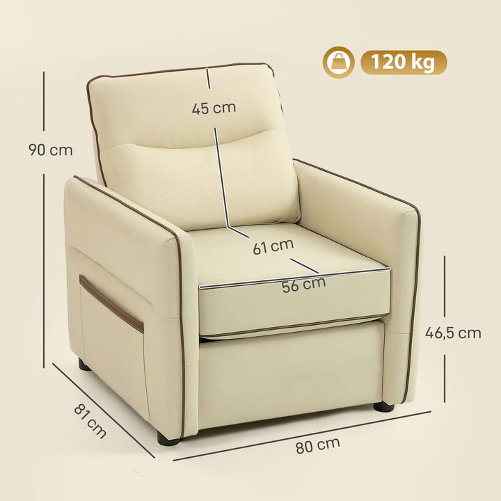 Poltrona Sala de Estar Estofada em Couro Sintético Poltrona Relax Moderna com Assento Largo Acolchoado Espesso Apoios de Braço e Bolso Lateral para Quarto Sala de Estar Capacidade 120 kg Bege