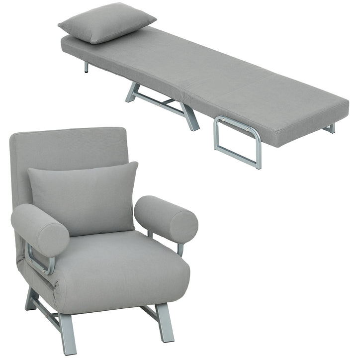 Sofá Cama de 1 Lugar 3 em 1 Sofá Cama Dobrável Estofado em Linho Sintético com Encosto Ajustável em 5 Níveis e Almofada Acolchoada para Escritório Quarto Sala de Estar 73x78x81 cm Cinzento Claro