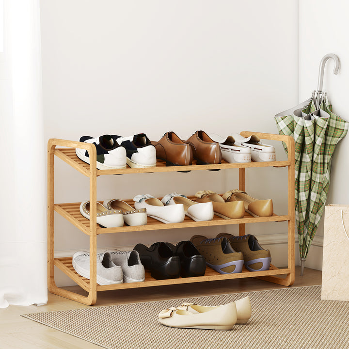 Sapateira de 3 Níveis Estante para Sapatos em Bambu para 12 Pares de Sapatos Estante para Entrada Corredor Quarto 76x33x50,8 cm Madeira