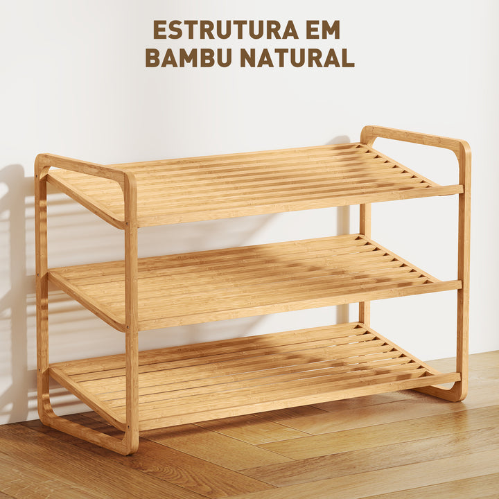 Sapateira de 3 Níveis Estante para Sapatos em Bambu para 12 Pares de Sapatos Estante para Entrada Corredor Quarto 76x33x50,8 cm Madeira