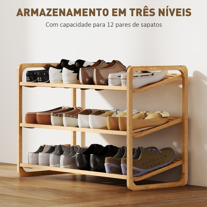 Sapateira de 3 Níveis Estante para Sapatos em Bambu para 12 Pares de Sapatos Estante para Entrada Corredor Quarto 76x33x50,8 cm Madeira