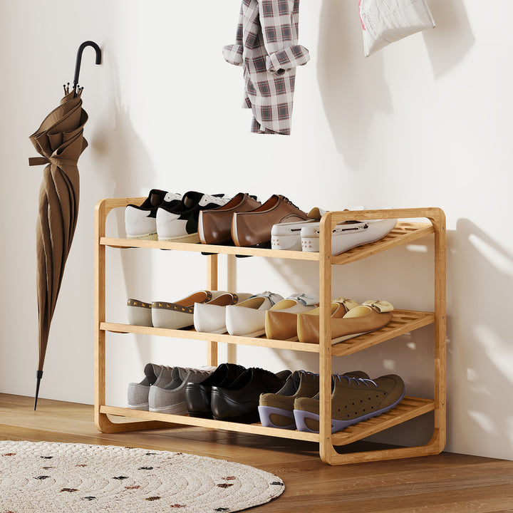 Sapateira de 3 Níveis Estante para Sapatos em Bambu para 12 Pares de Sapatos Estante para Entrada Corredor Quarto 76x33x50,8 cm Madeira