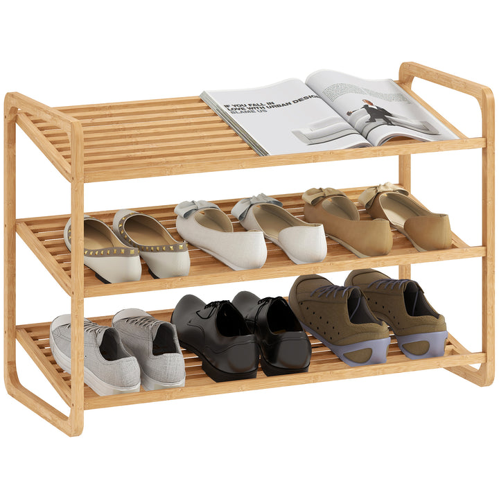 Sapateira de 3 Níveis Estante para Sapatos em Bambu para 12 Pares de Sapatos Estante para Entrada Corredor Quarto 76x33x50,8 cm Madeira