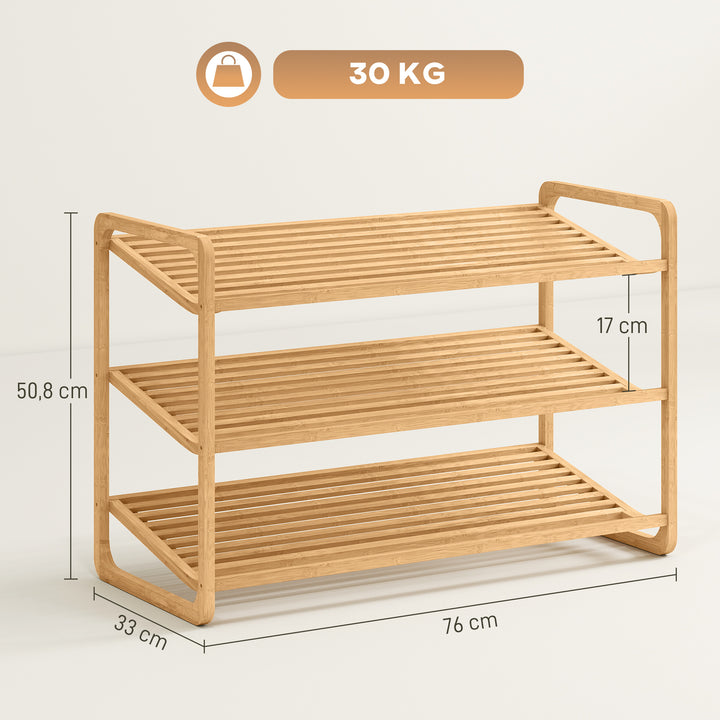 Sapateira de 3 Níveis Estante para Sapatos em Bambu para 12 Pares de Sapatos Estante para Entrada Corredor Quarto 76x33x50,8 cm Madeira