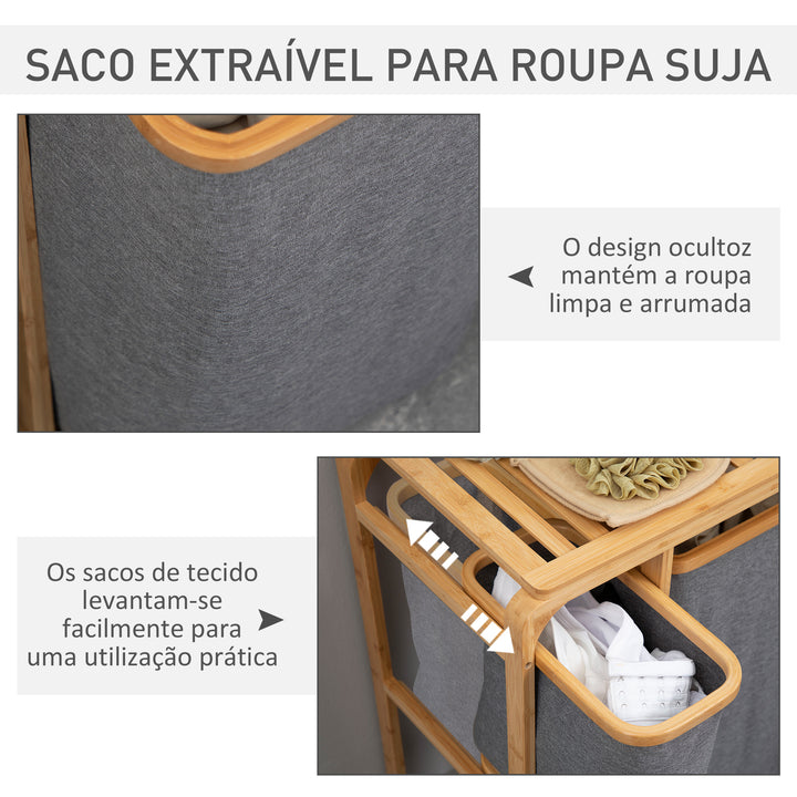 Cesto para Roupa Suja de Bambu Cesto de Roupa com 3 Bolsas de Tecido Amovíveis e Prateleira Aberta para Casa de Banho Dormitório 50x32x69,7cm Cinza e Madeira