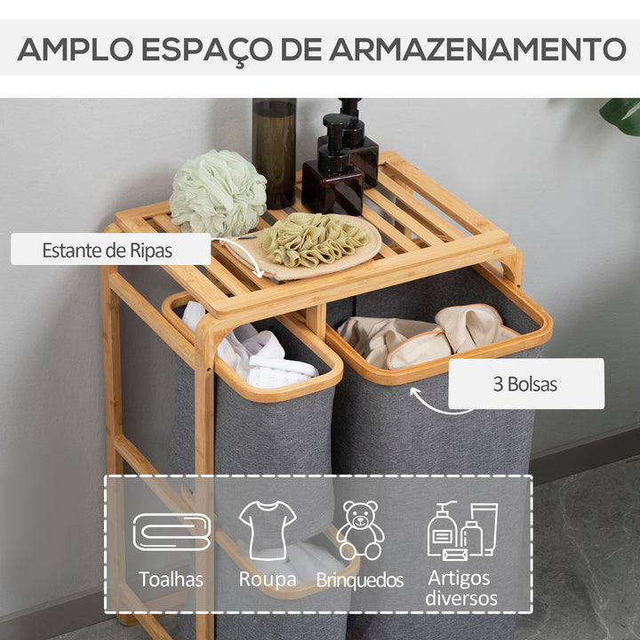 Cesto para Roupa Suja de Bambu Cesto de Roupa com 3 Bolsas de Tecido Amovíveis e Prateleira Aberta para Casa de Banho Dormitório 50x32x69,7cm Cinza e Madeira