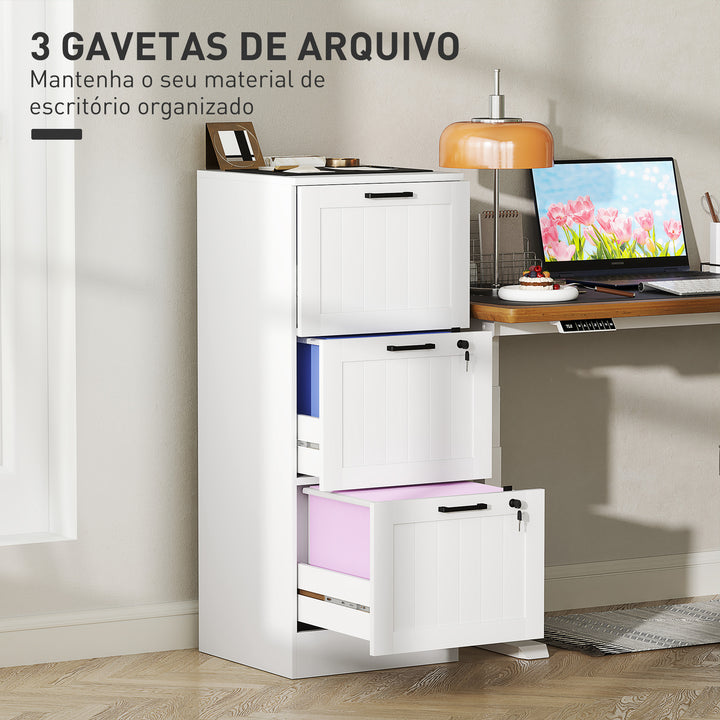 Bloco de Gavetas para Escritório Móvel Arquivador com 3 Gavetas para Escritório com Fechaduras Gavetas Suspensas para A4 40x40x101 cm Branco