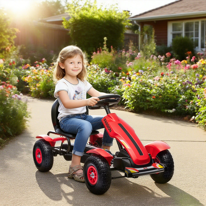 Kart a Pedais para Crianças Kart a Pedais Infantil com Assento Ajustável Pneus de Goma Travão de Mão para Crianças de 5-12 Anos Carga Máxima 50 kg 121x58x61 cm Vermelho