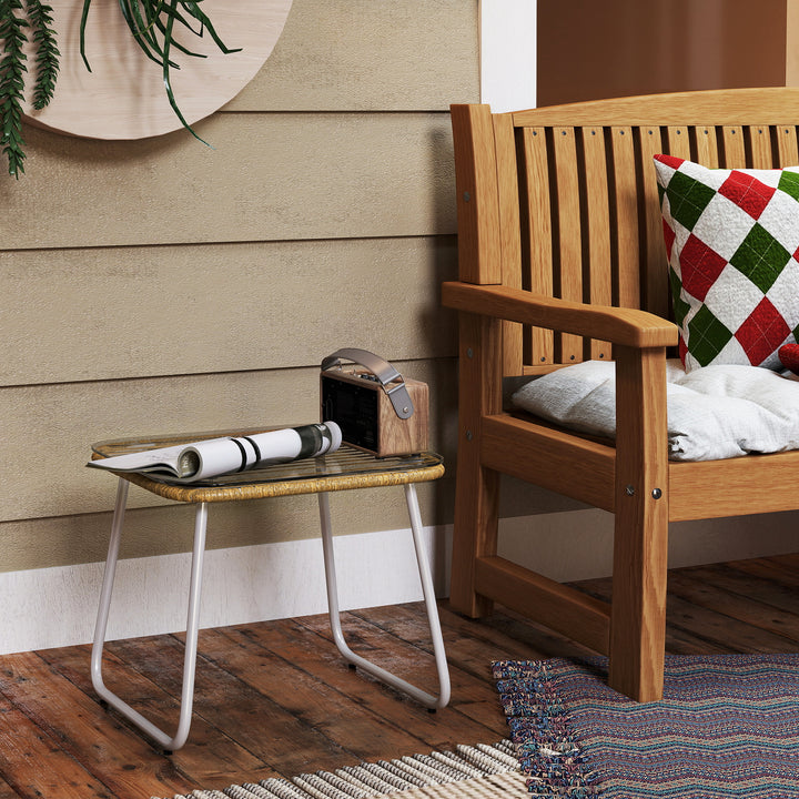 Mesa de Jardim de Vime Sintético Mesa para Exterior com Bancada de Vidro Temperado e Pés Ajustáveis Mesa Auxiliar para Pátio Varanda 50x50x44 cm Madeira e Branca