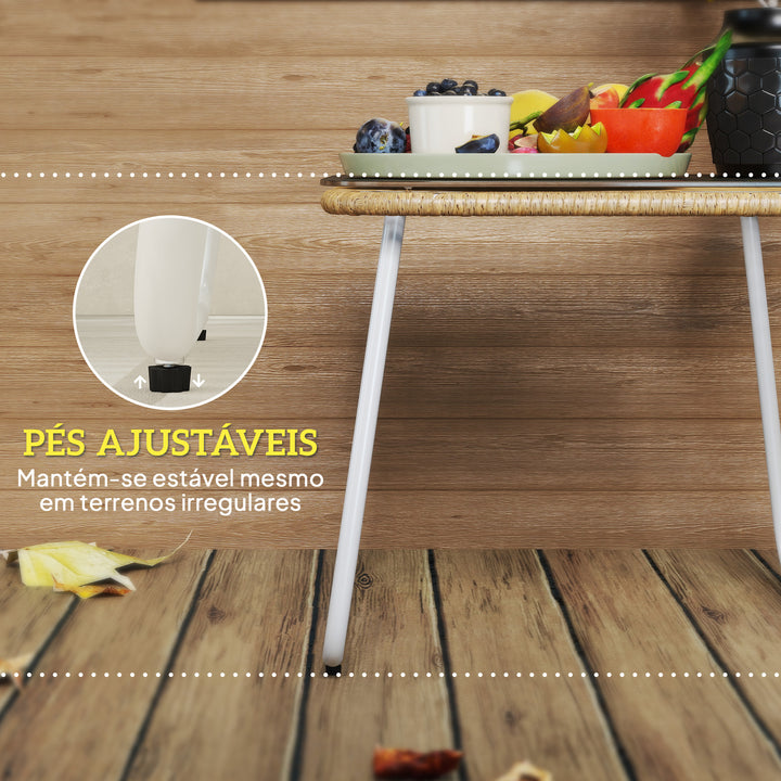 Mesa de Jardim de Vime Sintético Mesa para Exterior com Bancada de Vidro Temperado e Pés Ajustáveis Mesa Auxiliar para Pátio Varanda 50x50x44 cm Madeira e Branca