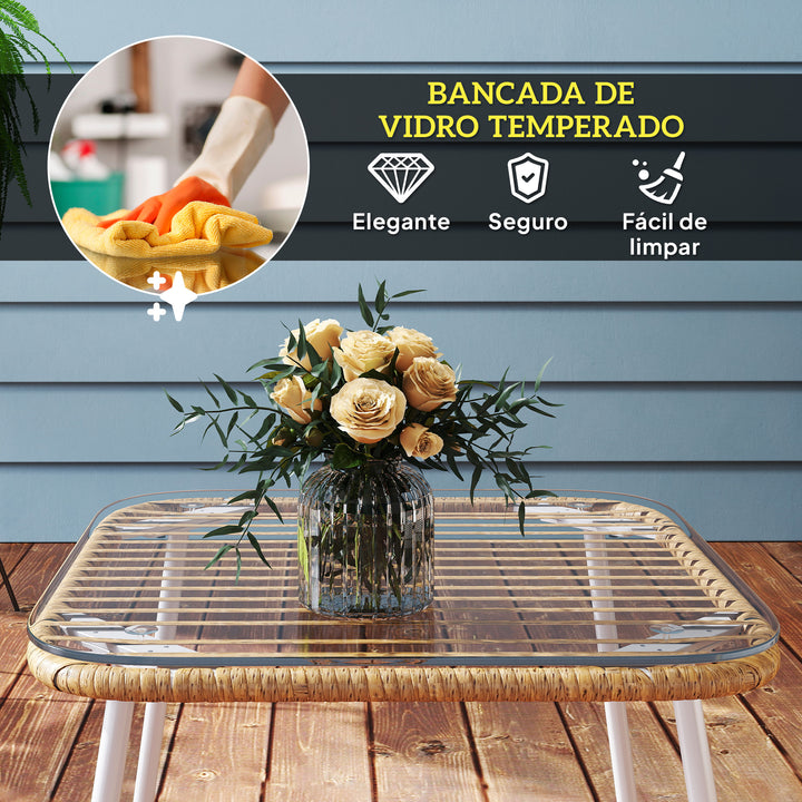 Mesa de Jardim de Vime Sintético Mesa para Exterior com Bancada de Vidro Temperado e Pés Ajustáveis Mesa Auxiliar para Pátio Varanda 50x50x44 cm Madeira e Branca