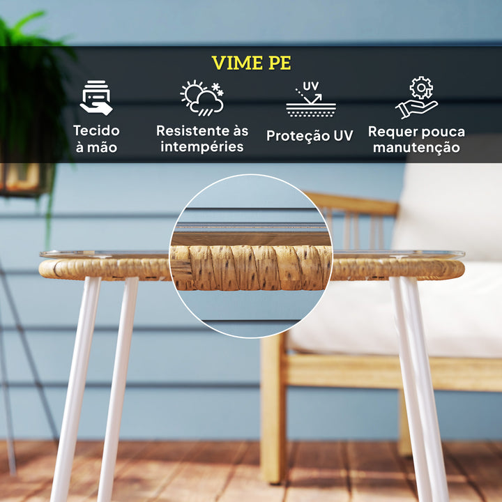 Mesa de Jardim de Vime Sintético Mesa para Exterior com Bancada de Vidro Temperado e Pés Ajustáveis Mesa Auxiliar para Pátio Varanda 50x50x44 cm Madeira e Branca