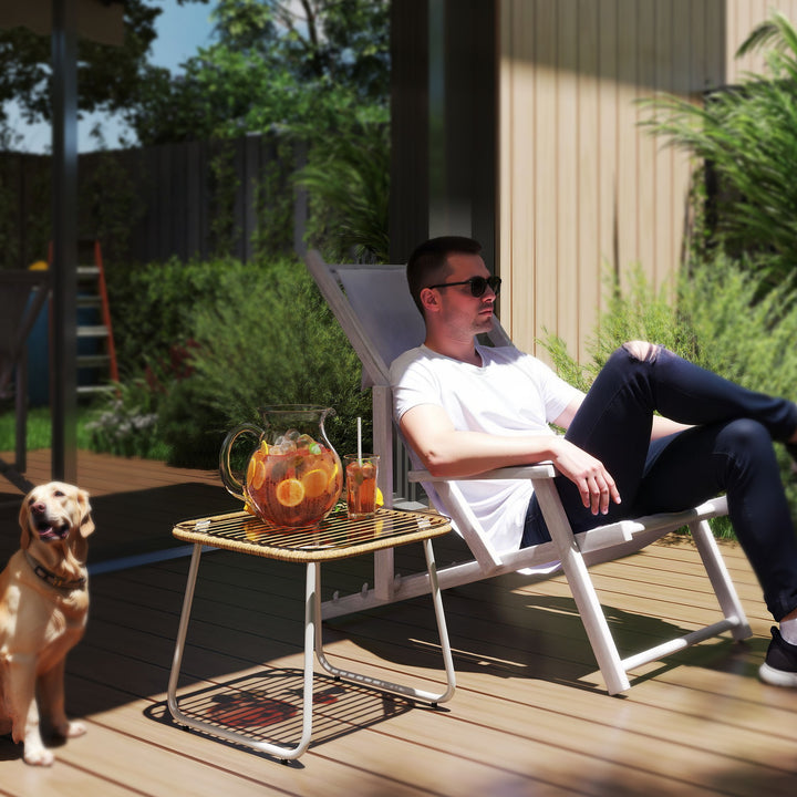 Mesa de Jardim de Vime Sintético Mesa para Exterior com Bancada de Vidro Temperado e Pés Ajustáveis Mesa Auxiliar para Pátio Varanda 50x50x44 cm Madeira e Branca