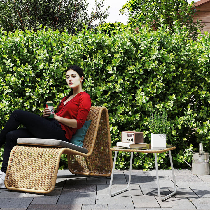 Mesa de Jardim de Vime Sintético Mesa para Exterior com Bancada de Vidro Temperado e Pés Ajustáveis Mesa Auxiliar para Pátio Varanda 50x50x44 cm Madeira e Branca