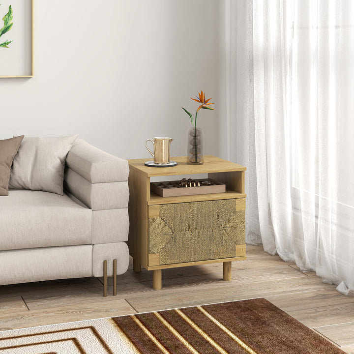 Mesa de Cabeceira Estilo Boémio com Porta de Corda de Papel Prateleira Aberta Pés de Madeira e Abertura por Pressão Mesa Auxiliar para Quarto Sala 45x39x50 cm Carvalho