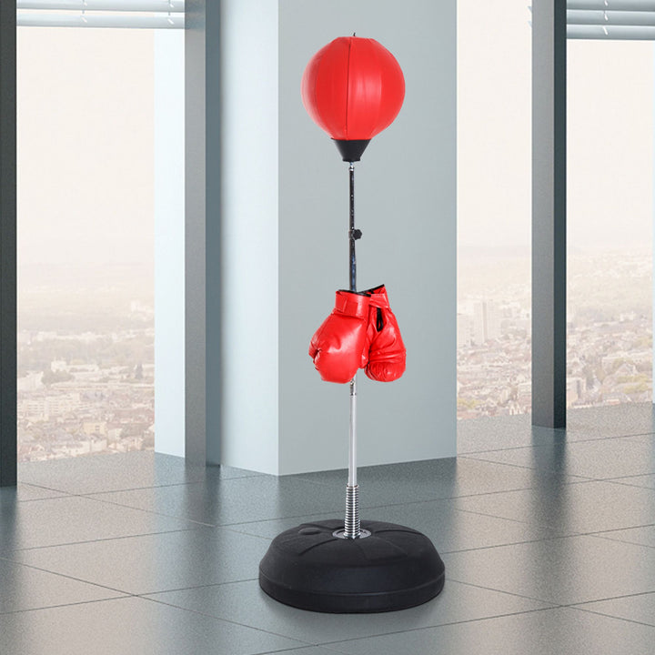 Saco de Boxe de Pé Punching Ball com Altura Ajustável em 4 Níveis 126-144 cm Base Preenchível e Luvas de Boxe para Adultos e Adolescentes Vermelho e Preto