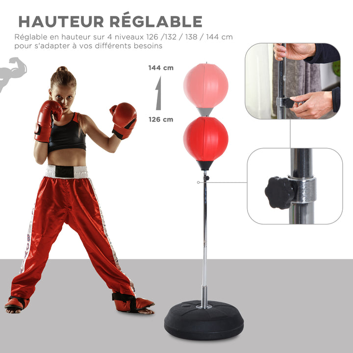Saco de Boxe de Pé Punching Ball com Altura Ajustável em 4 Níveis 126-144 cm Base Preenchível e Luvas de Boxe para Adultos e Adolescentes Vermelho e Preto