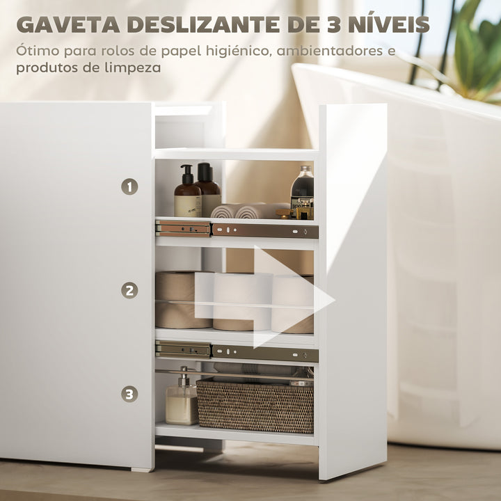 Armário de Casa de Banho Estreito com Gaveta Deslizante e Rodas Móvel de Casa de Banho com 3 Compartimentos Móvel Auxiliar para Espaços Pequenos 47x30x66,5 cm Branco