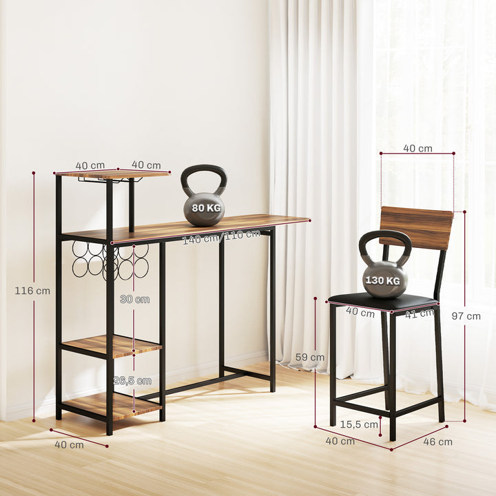 Conjunto de Mesa e Bancos de Bar Mesa Alta de Cozinha com 2 Bancos Laterais Rebatíveis Suporte para Vinhos e Prateleiras Estilo Industrial Castanho e Preto