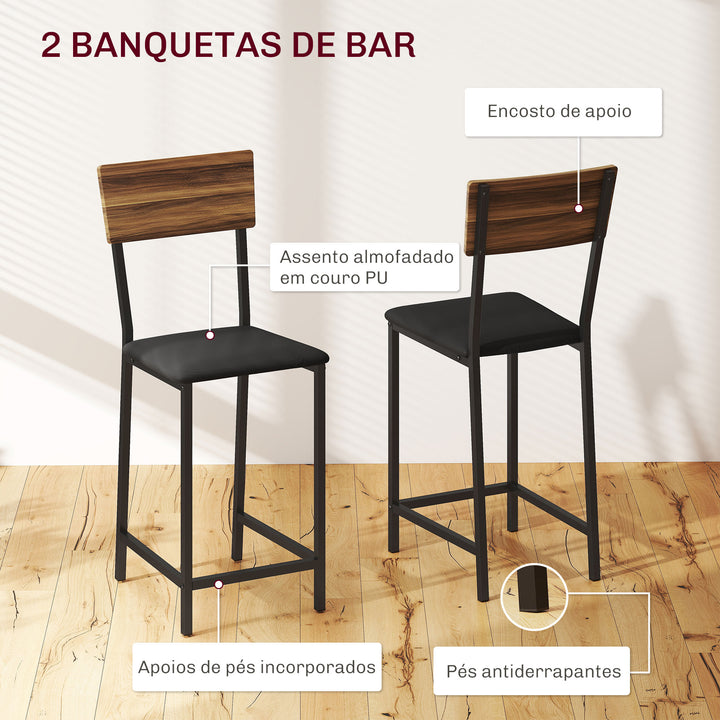 Conjunto de Mesa e Bancos de Bar Mesa Alta de Cozinha com 2 Bancos Laterais Rebatíveis Suporte para Vinhos e Prateleiras Estilo Industrial Castanho e Preto