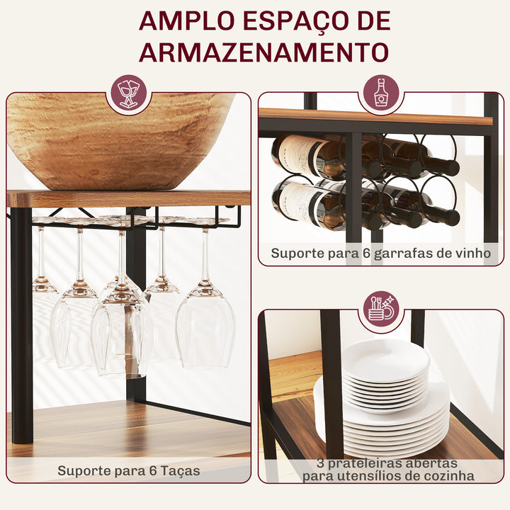 Conjunto de Mesa e Bancos de Bar Mesa Alta de Cozinha com 2 Bancos Laterais Rebatíveis Suporte para Vinhos e Prateleiras Estilo Industrial Castanho e Preto