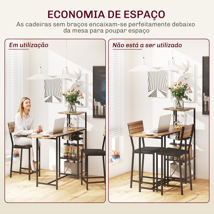 Conjunto de Mesa e Bancos de Bar Mesa Alta de Cozinha com 2 Bancos Laterais Rebatíveis Suporte para Vinhos e Prateleiras Estilo Industrial Castanho e Preto
