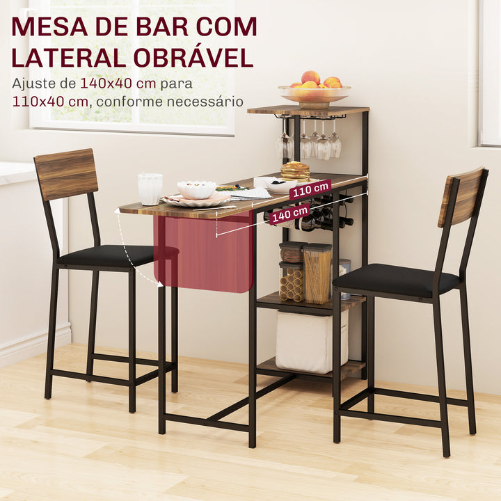 Conjunto de Mesa e Bancos de Bar Mesa Alta de Cozinha com 2 Bancos Laterais Rebatíveis Suporte para Vinhos e Prateleiras Estilo Industrial Castanho e Preto