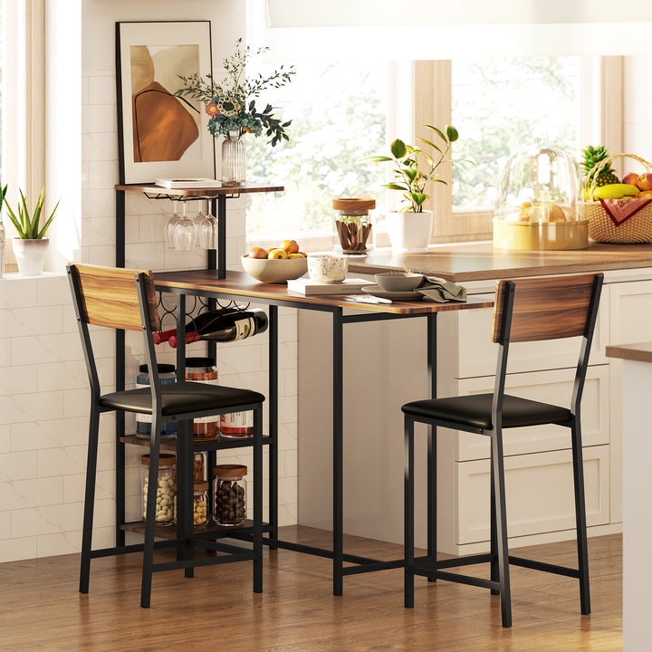 Conjunto de Mesa e Bancos de Bar Mesa Alta de Cozinha com 2 Bancos Laterais Rebatíveis Suporte para Vinhos e Prateleiras Estilo Industrial Castanho e Preto